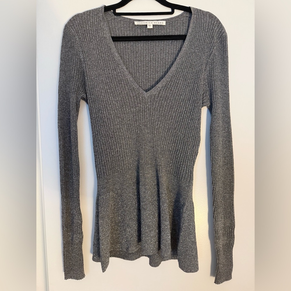 Veronica Beard Metallic Gray Ribbed Top size S